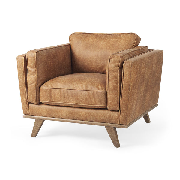 Brooks 41.7L x 34.8W x 33.5H Cognac Brown Faux Leather Chair W/ Medium Brown Wooden Legs