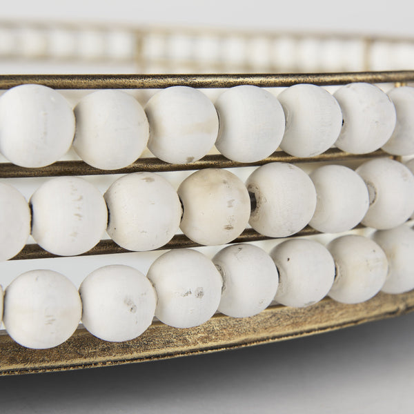 Decatur I 21L x 21W White Wooden Bead Mirrored Bottom Round Tray
