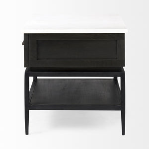 Divina Black-Brown Wood w/ White Marble Top and Black Metal Base 1 Drawer Side Table