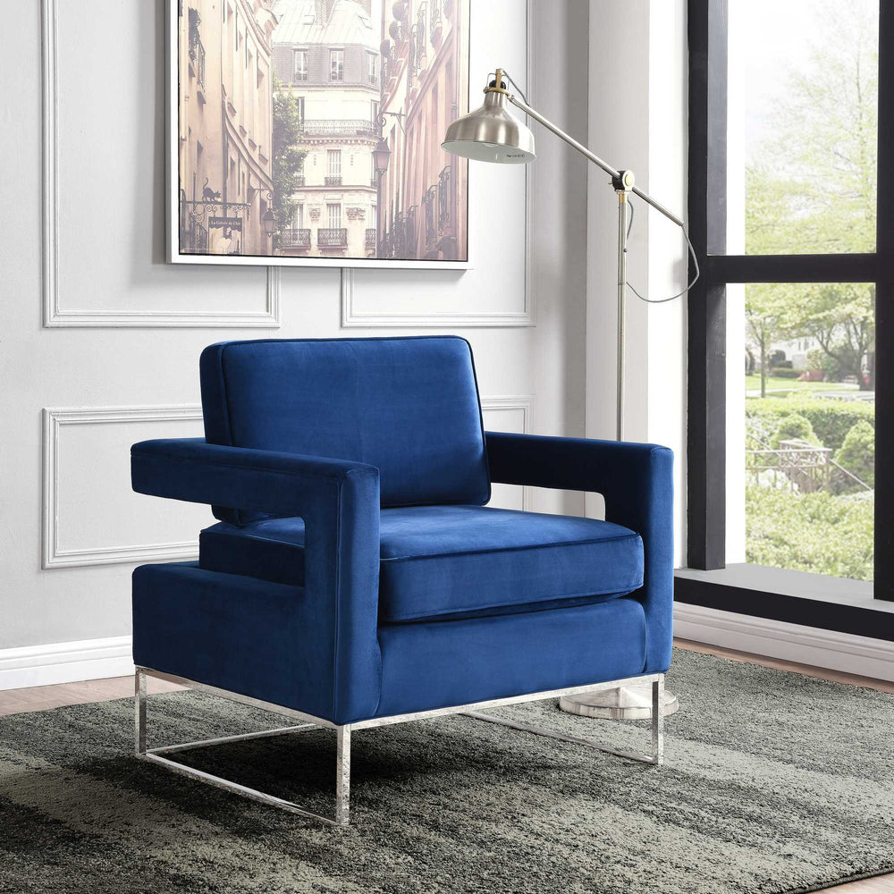 Alfonso Accent Chair In Navy Velvet And Chrome Stainless Steel Base