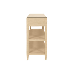 THREE DRAWER CONSOLE WITH TWO OPEN SHELVES IN NATURAL GRASSCLOTH WITH POLISHED BRASS KNOBS