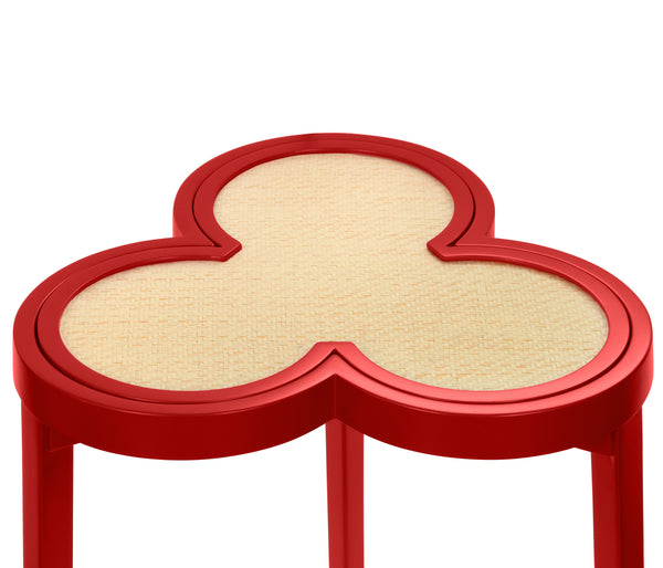 CLOVER CIGAR TABLE WITH REVERSIBLE LACQUER AND NATURAL GRASSCLOTH TOP IN MATTE RED LACQUER