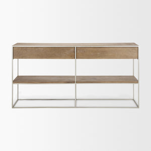 Morris I 63L x 15W x 31H Brown Wood w/ Silver Metal Frame 2 Drawer Console Table