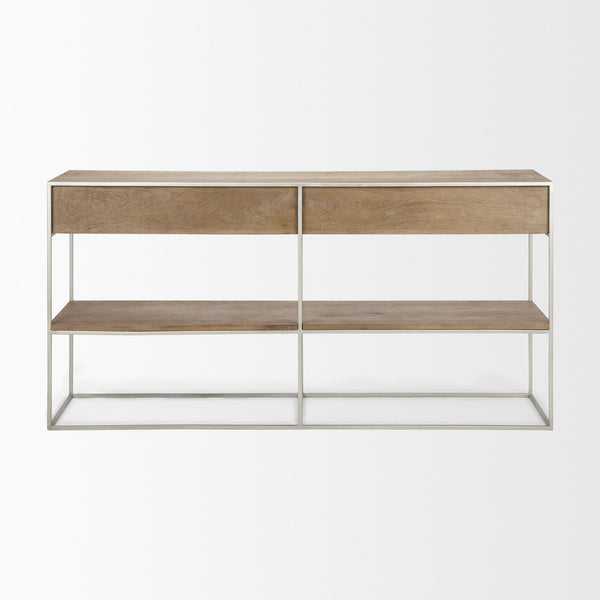 Morris I 63L x 15W x 31H Brown Wood w/ Silver Metal Frame 2 Drawer Console Table