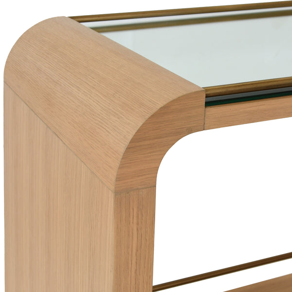 WATERFALL EDGE BAR CART WITH ANTIQUE BRASS RAILS IN NATURAL OAK