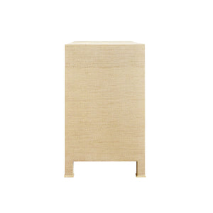 THREE DRAWER CHEST WITH ANTIQUE BRASS CIRCLE HARDWARE IN NATURAL GRASSCLOTH