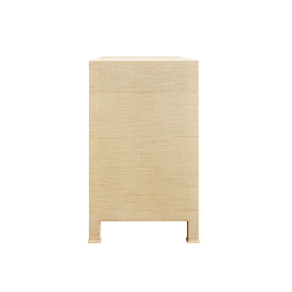 THREE DRAWER CHEST WITH ANTIQUE BRASS CIRCLE HARDWARE IN NATURAL GRASSCLOTH