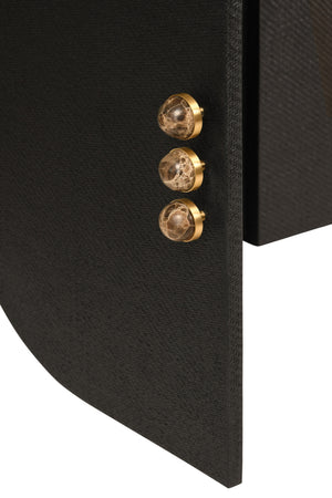 FOUR DOOR BUFFET WITH CURVED BOTTOM CORNERS AND STONE HARDWARE IN BLACK PAINTED GRASSCLOTH