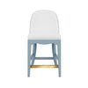 CURVED COUNTER STOOL WITH SATIN BRASS RING HARDWARE ON BACK IN PERFORMANCE WHITE LINEN UPHOLSTERY AND TEXTURED LIGHT BLUE LINEN FRAME