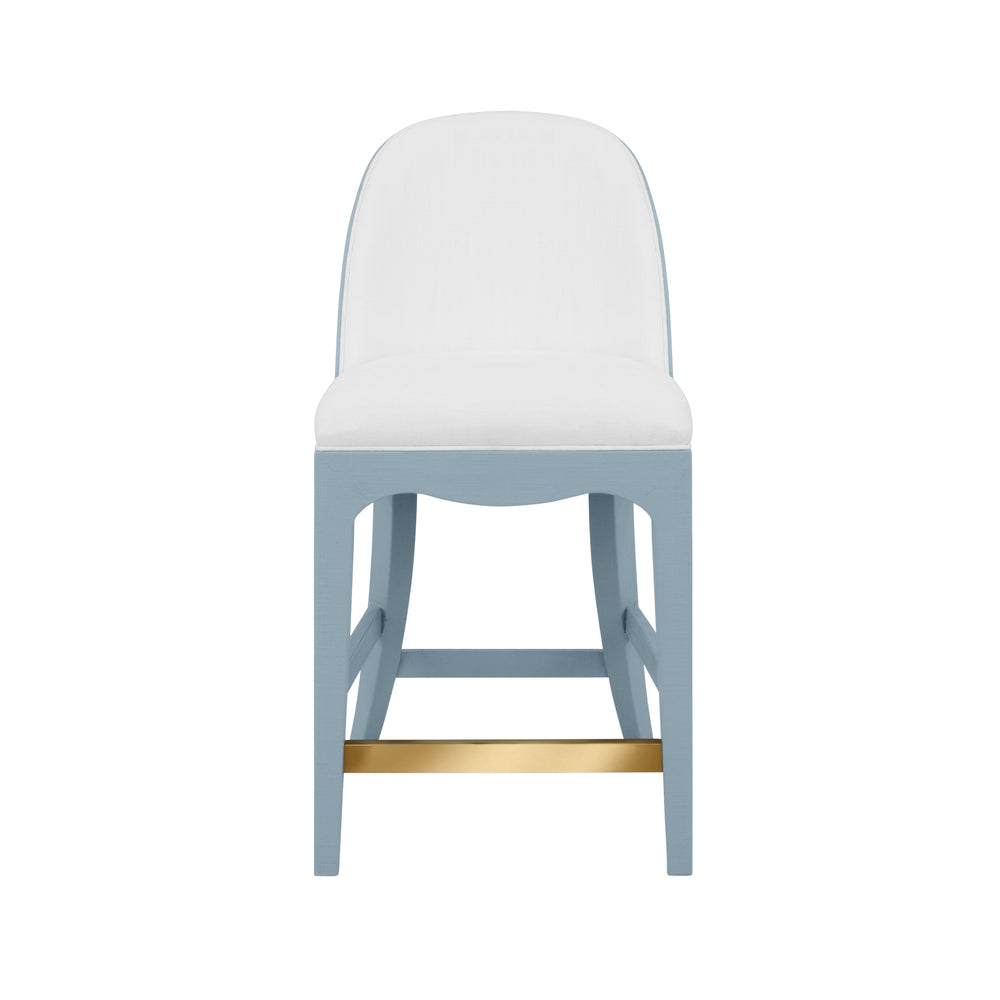 CURVED COUNTER STOOL WITH SATIN BRASS RING HARDWARE ON BACK IN PERFORMANCE WHITE LINEN UPHOLSTERY AND TEXTURED LIGHT BLUE LINEN FRAME