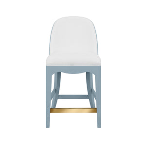 CURVED COUNTER STOOL WITH SATIN BRASS RING HARDWARE ON BACK IN PERFORMANCE WHITE LINEN UPHOLSTERY AND TEXTURED LIGHT BLUE LINEN FRAME