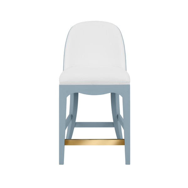 CURVED COUNTER STOOL WITH SATIN BRASS RING HARDWARE ON BACK IN PERFORMANCE WHITE LINEN UPHOLSTERY AND TEXTURED LIGHT BLUE LINEN FRAME