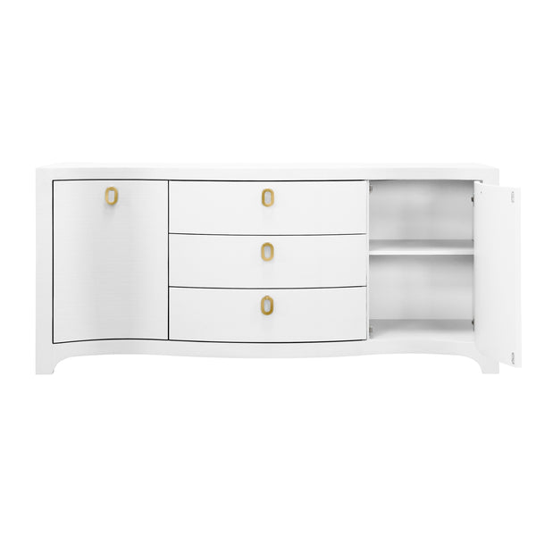 CURVED FRONT TWO DOOR THREE DRAWER BUFFET IN TEXTURED WHITE LINEN WITH SATIN BRASS RING HARDWARE