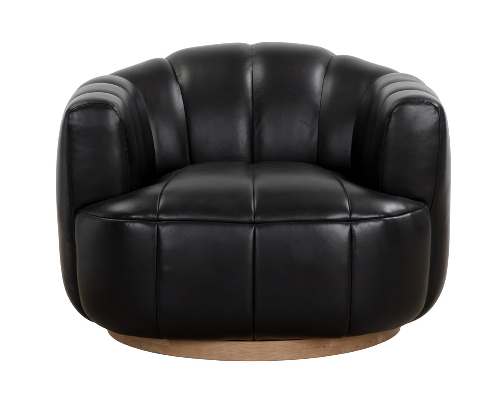 TADEO SWIVEL ARMCHAIR - RUSTIC OAK - VINTAGE BLACK NIGHT LEATHER