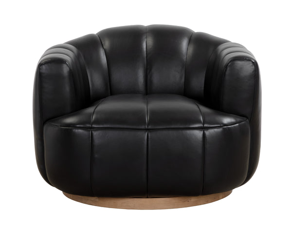 TADEO SWIVEL ARMCHAIR - RUSTIC OAK - VINTAGE BLACK NIGHT LEATHER
