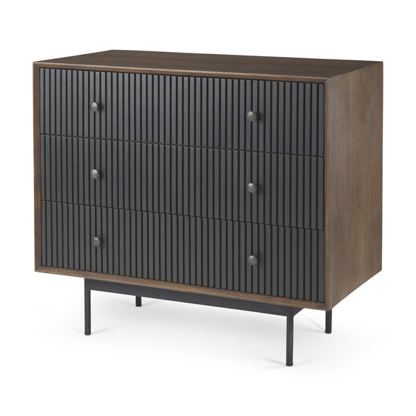 Grace 35.5L x 18.0W x 31.0H Medium Brown Wood W/Black Metal Frame 3 Drawer Accent Cabinet