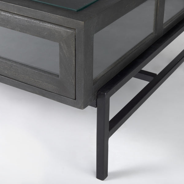 Arelius 42"L Rectangular Glass-Top Black-Brown Wood w/ Black Metal Base Display Coffee Table