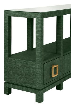 OPEN SHELF CONSOLE WITH THREE BOTTOM DRAWERS AND SQUARE SATIN BRASS HARDWARE IN DYED GREEN GRASSCLOTH