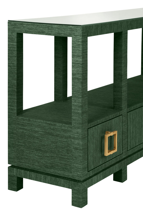 OPEN SHELF CONSOLE WITH THREE BOTTOM DRAWERS AND SQUARE SATIN BRASS HARDWARE IN DYED GREEN GRASSCLOTH
