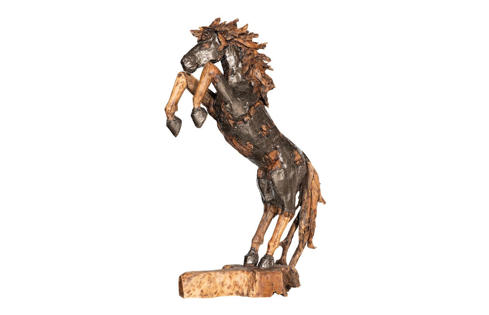 Mustang Horse Armored  Sculpture, Rearing, Natural Bronze Finish