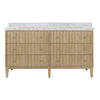BATH VANITY WITH VERTICAL FLUTED DETAIL ON DRAWERS IN CERUSED OAK WITH WHITE MARBLE TOP, DOUBLE PORCELAIN SINKS, AND POLISHED BRASS KNOBS, 60" WIDE