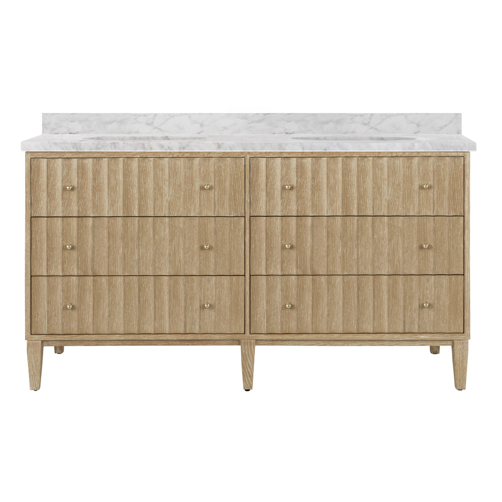 BATH VANITY WITH VERTICAL FLUTED DETAIL ON DRAWERS IN CERUSED OAK WITH WHITE MARBLE TOP, DOUBLE PORCELAIN SINKS, AND POLISHED BRASS KNOBS, 60" WIDE
