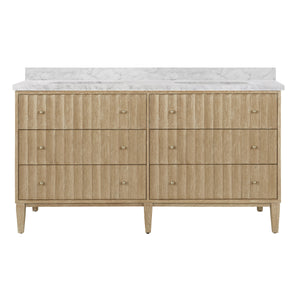 BATH VANITY WITH VERTICAL FLUTED DETAIL ON DRAWERS IN CERUSED OAK WITH WHITE MARBLE TOP, DOUBLE PORCELAIN SINKS, AND POLISHED BRASS KNOBS, 60" WIDE