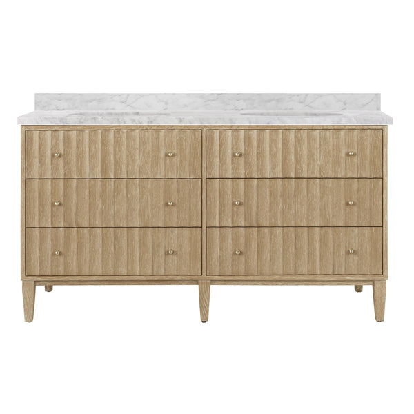 BATH VANITY WITH VERTICAL FLUTED DETAIL ON DRAWERS IN CERUSED OAK WITH WHITE MARBLE TOP, DOUBLE PORCELAIN SINKS, AND POLISHED BRASS KNOBS, 60" WIDE