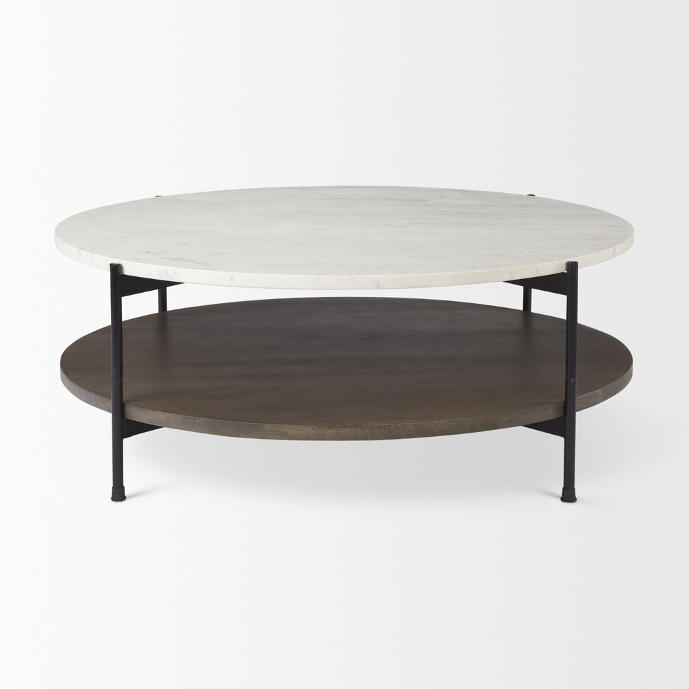 Larkin 42" Round Two-Tier White Marble Top and Solid Wood Shelf w/ Black Metal Frame Coffee Table