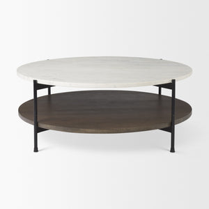 Larkin 42" Round Two-Tier White Marble Top and Solid Wood Shelf w/ Black Metal Frame Coffee Table