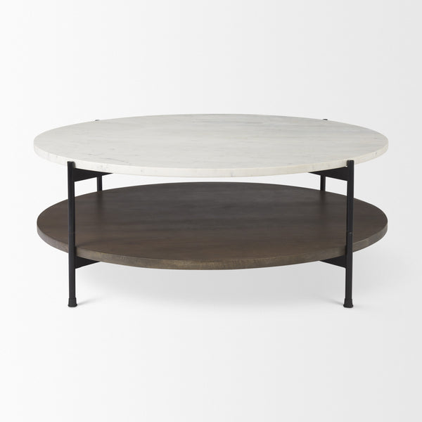 Larkin 42" Round Two-Tier White Marble Top and Solid Wood Shelf w/ Black Metal Frame Coffee Table