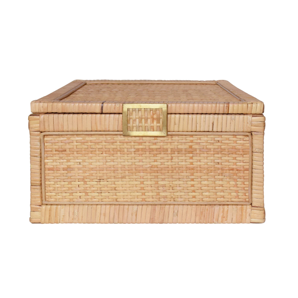 LARGE NATURAL RATTAN DECORATIVE BOX WITH BRASS FOOT CAPS