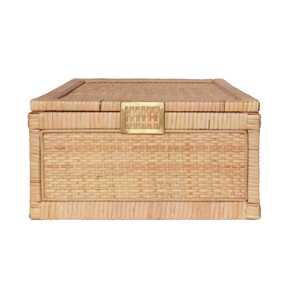 LARGE NATURAL RATTAN DECORATIVE BOX WITH BRASS FOOT CAPS