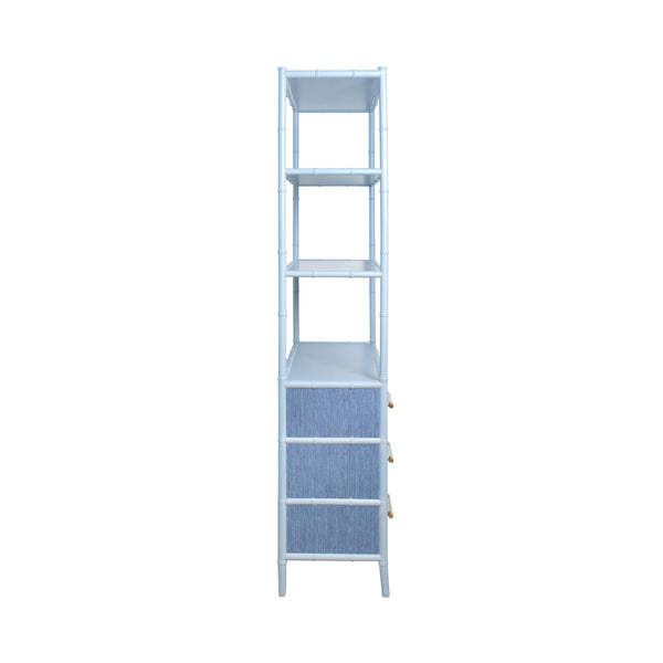 THREE DRAWER ETAGERE WITH BAMBOO DETAIL IN BLUE DYED GRASSCLOTH AND LIGHT BLUE MATTE LACQUER