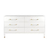SIX DRAWER CHEST IN TEXTURED WHITE LINEN WITH ANTIQUE BRASS AND ACRYLIC HARDWARE