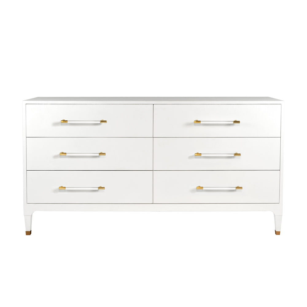 SIX DRAWER CHEST IN TEXTURED WHITE LINEN WITH ANTIQUE BRASS AND ACRYLIC HARDWARE