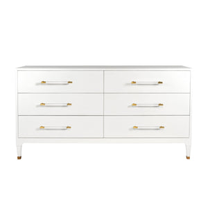 SIX DRAWER CHEST IN TEXTURED WHITE LINEN WITH ANTIQUE BRASS AND ACRYLIC HARDWARE
