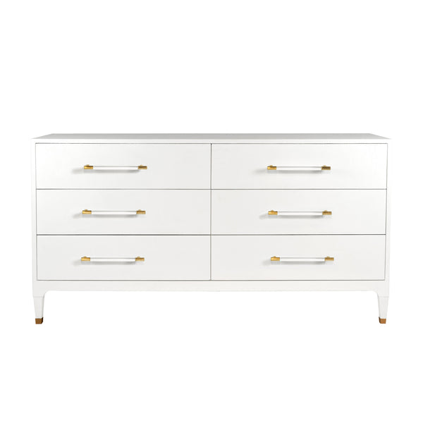 SIX DRAWER CHEST IN TEXTURED WHITE LINEN WITH ANTIQUE BRASS AND ACRYLIC HARDWARE