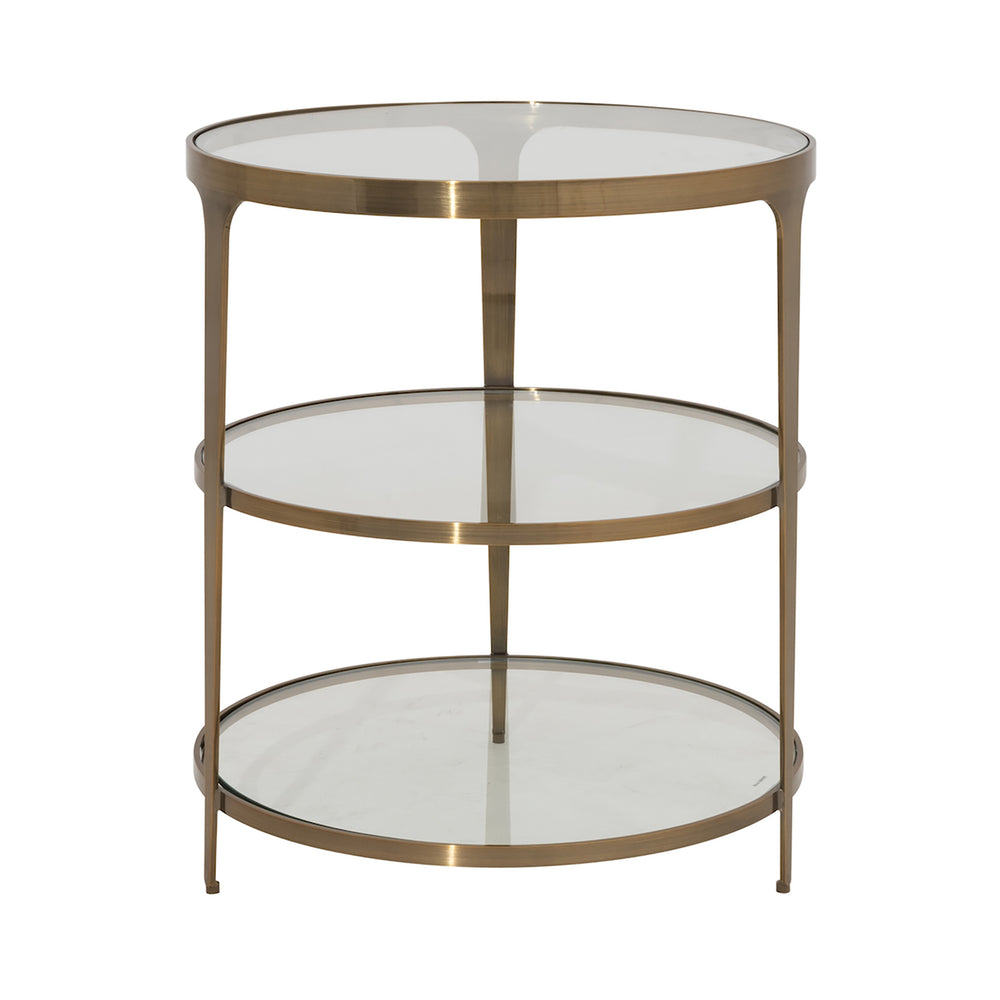 THREE TIER GLASS TOP ROUND END TABLE IN ANTIQUE BRASS