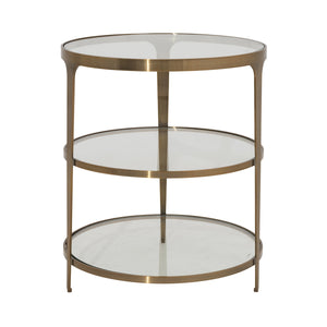 THREE TIER GLASS TOP ROUND END TABLE IN ANTIQUE BRASS