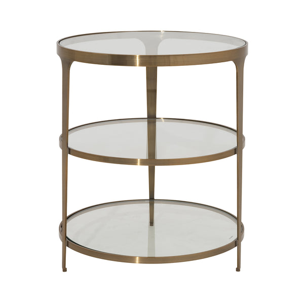 THREE TIER GLASS TOP ROUND END TABLE IN ANTIQUE BRASS