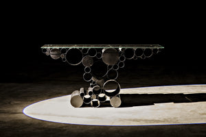 Paradox Console Table in Matte Black Industrial Steel with Glass Top