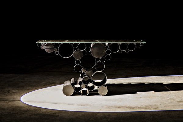 Paradox Console Table in Matte Black Industrial Steel with Glass Top