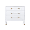 THREE DRAWER SIDE TABLE IN TEXTURED WHITE LINEN WITH ANTIQUE BRASS AND ACRYLIC HARDWARE