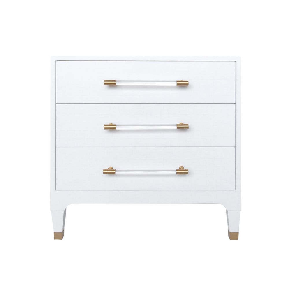 THREE DRAWER SIDE TABLE IN TEXTURED WHITE LINEN WITH ANTIQUE BRASS AND ACRYLIC HARDWARE