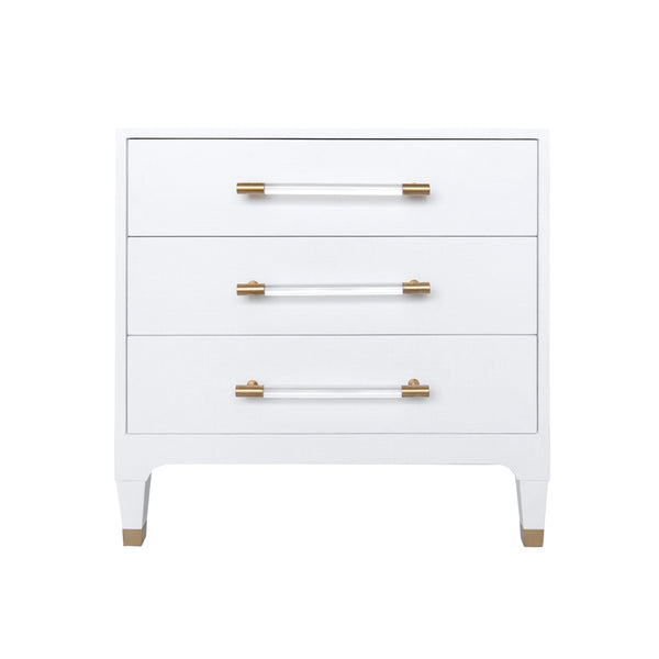 THREE DRAWER SIDE TABLE IN TEXTURED WHITE LINEN WITH ANTIQUE BRASS AND ACRYLIC HARDWARE