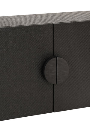 TWO DOOR CONSOLE WITH OPEN SHELF IN BLACK PAINTED GRASSCLOTH WITH BLACK OAK HANDLES