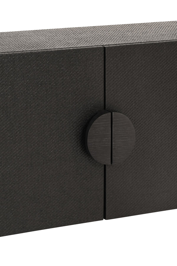 TWO DOOR CONSOLE WITH OPEN SHELF IN BLACK PAINTED GRASSCLOTH WITH BLACK OAK HANDLES