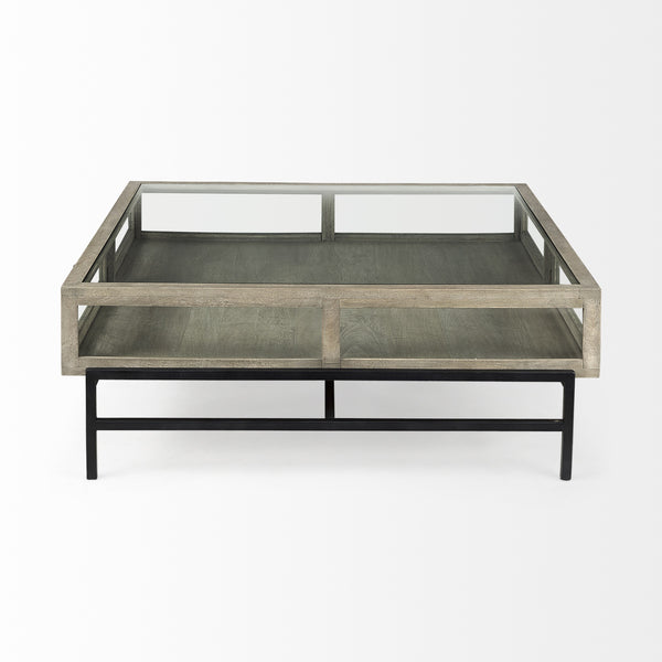 Arelius 42" Square Glass-Top Gray Wood w/ Black Metal Base Display Coffee Table