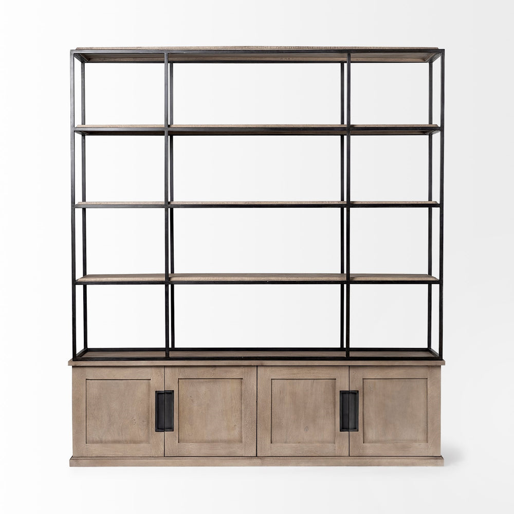 Braxton I Light Brown Wood and Iron Three Shelf Shelving Unit 81.5L x 18.5W x 90
